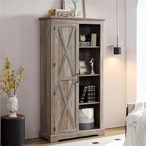 Gray Wash Tall Storage Cabinet with Doors and Open Shelves F286