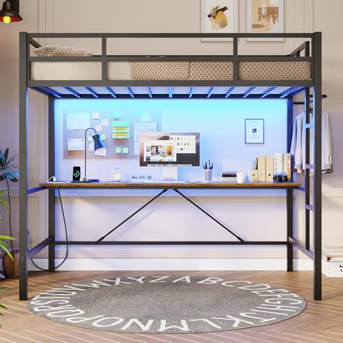 White Twin Size Metal Loft Bed with Desk and Led Lights C577980