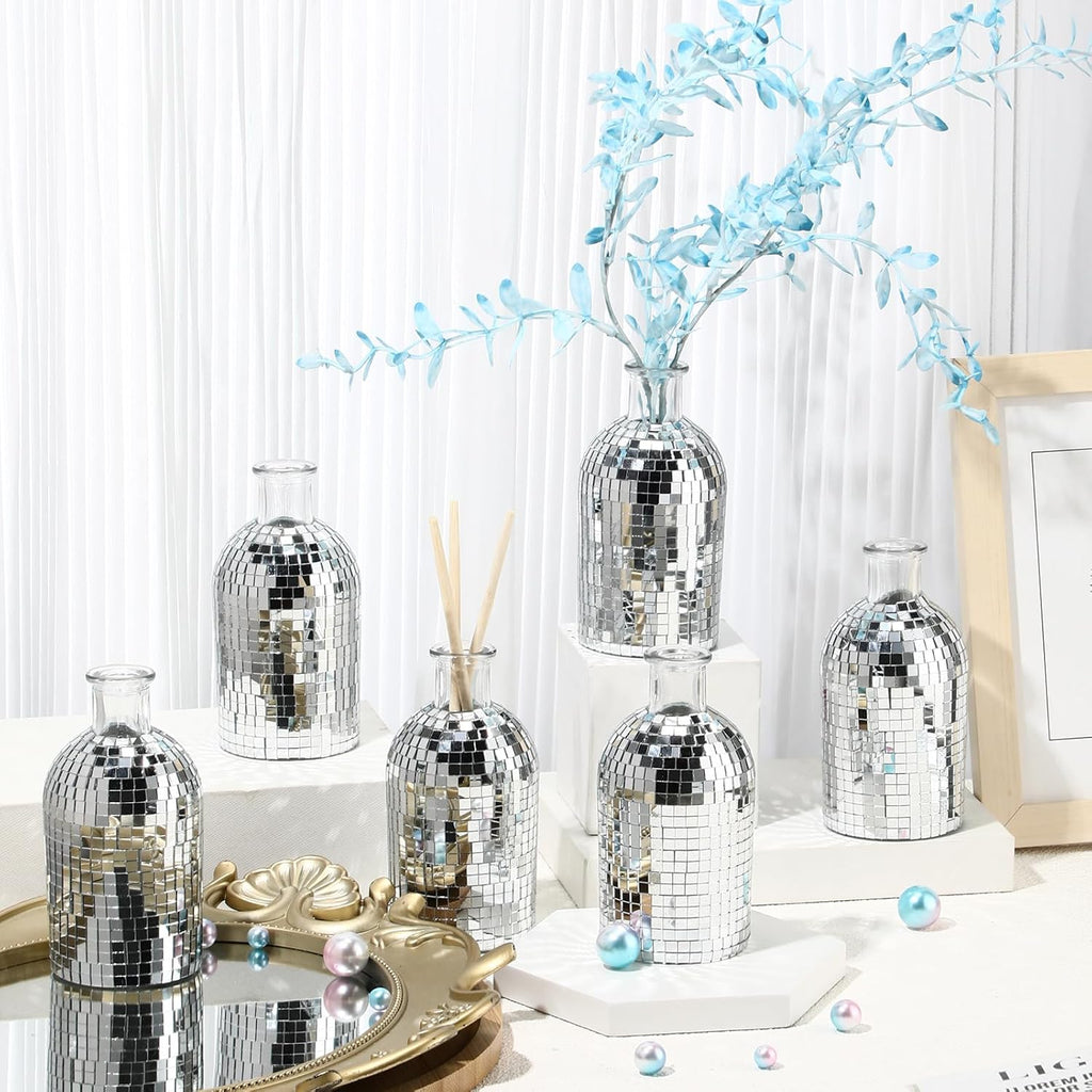 6 Pcs Disco Ball Mini Vase 5in Small Glass Bud Vase Silver Mirror Vase G9693