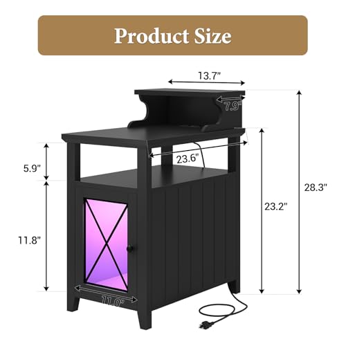 Black Farmhouse End Table with Charging Station and LED Lights C173