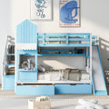 Full Over Full Solid Wood Bunk Bed with Stairs and Slide and Storage Drawers and Bookshelf (Blue) U370