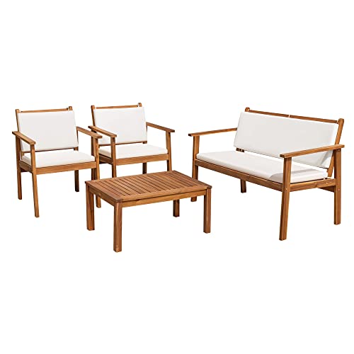 3 Piece Acacia Wood Patio Chairs with Coffee Table & Cushions I114340