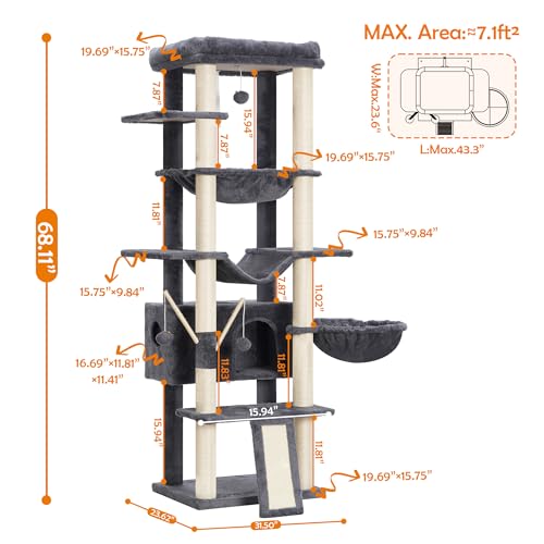 68.1-inch Tall Cat Tree with Sisal-Covered Scratching Posts, Smoky Gray T5598