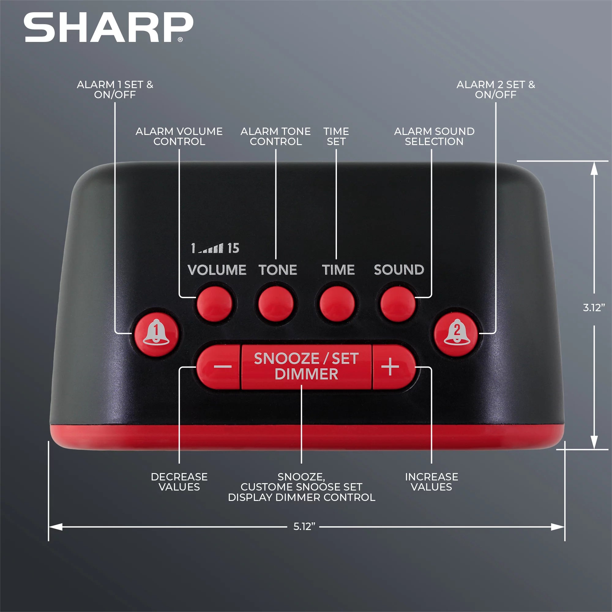 Red/Black Alarm Clock with 6 Wake Up Sounds Q729