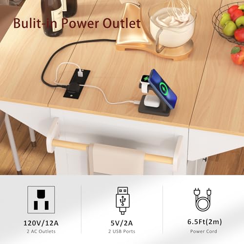 Black Kitchen Island with Drop Leaf, 3 Drawers, Power Outlet Q1280