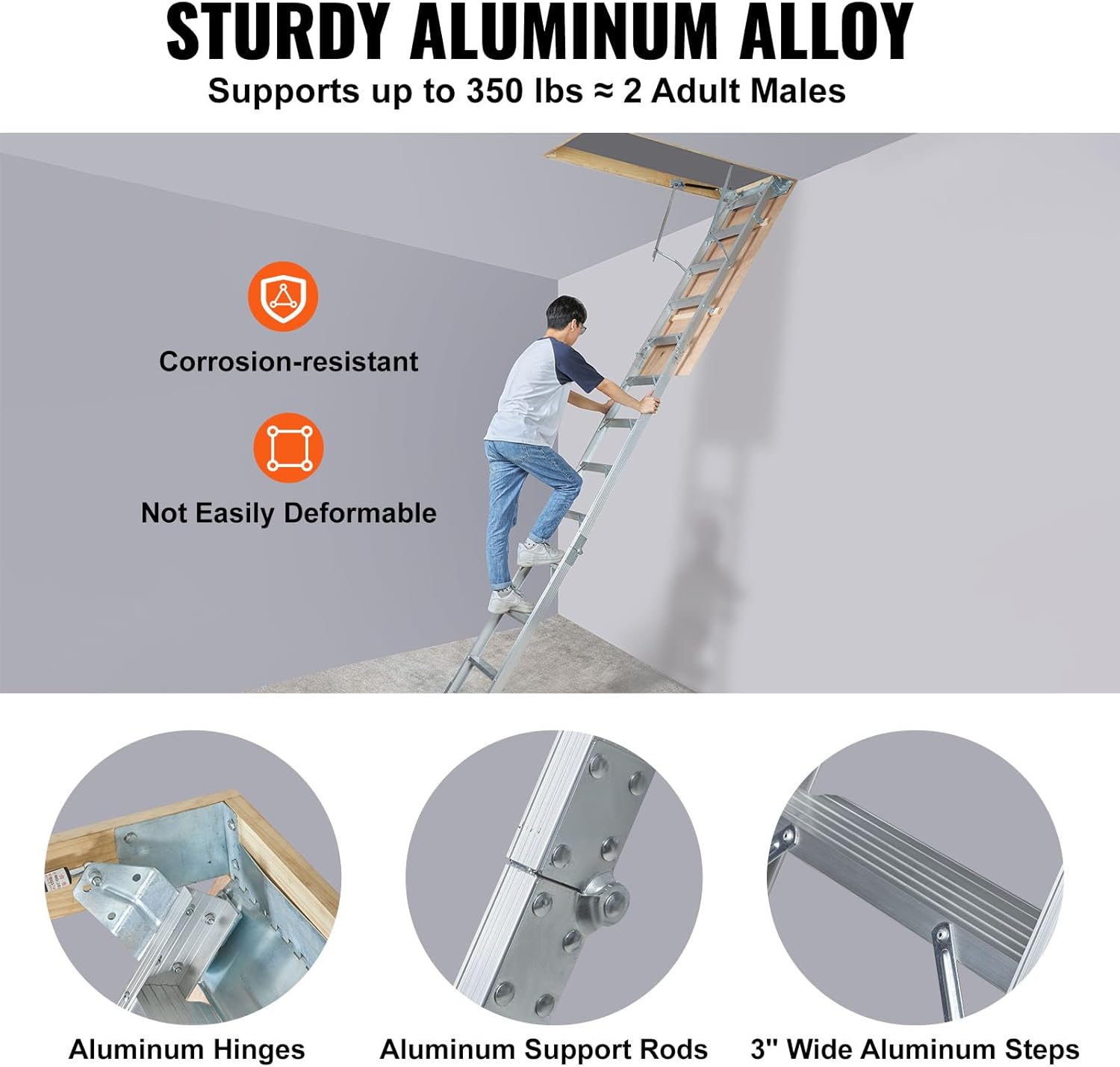 Attic Ladder, 350-pound Capacity, 22.5" x 63", Aluminium Extension M64508