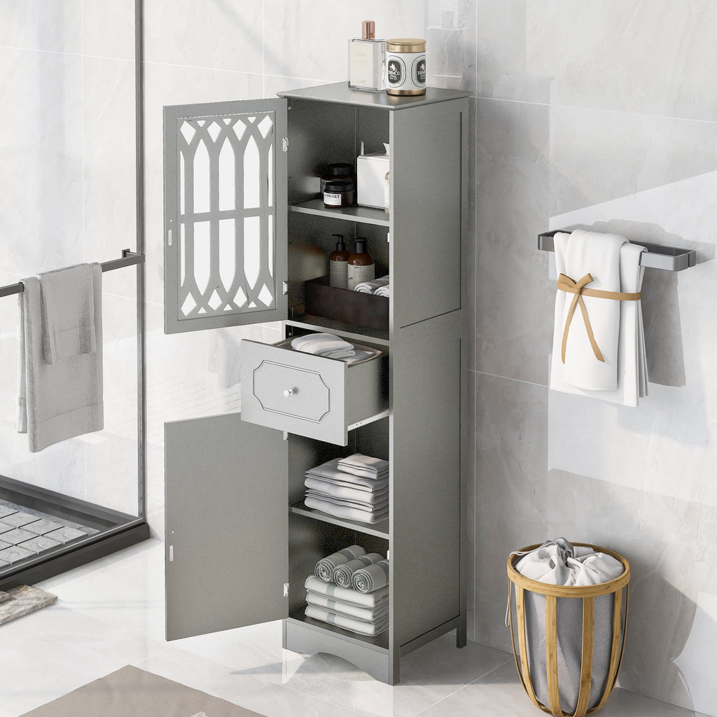 Tall Bathroom Storage Cabinet with Doors Drawers Wood Floor Freestanding Organizer S24252