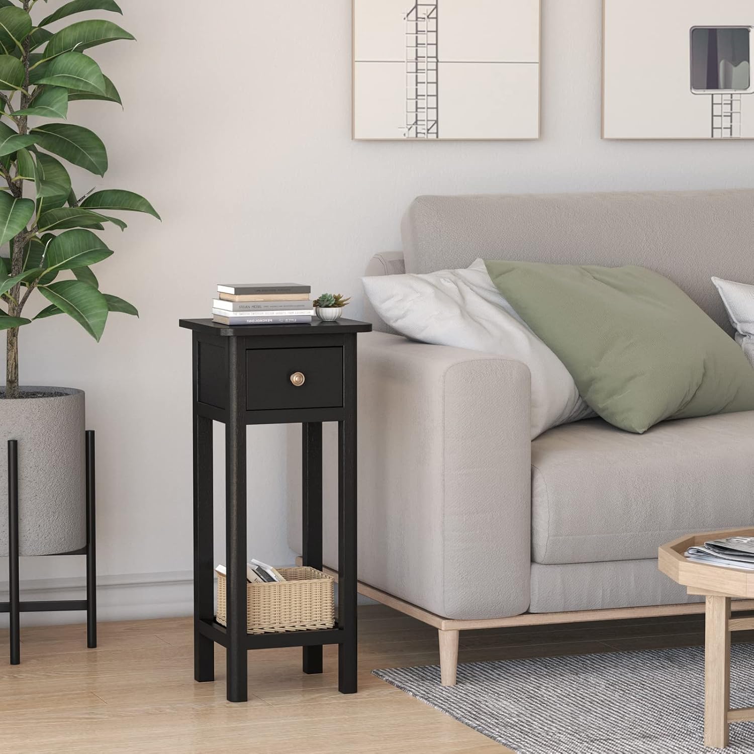 Black Narrow End Table Set of 2 with Drawer & Shelf Q8805