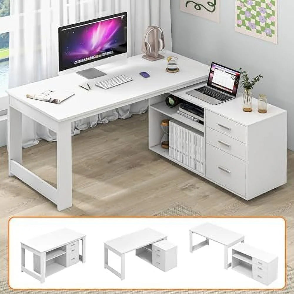White L Shaped Corner Desk with 3 Drawers and 2 Shelves L62379