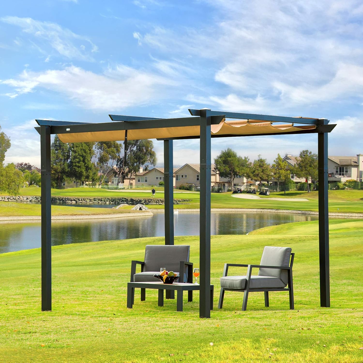 Aluminum Retractable Pergola with Natural Wood Looking Finish Z469