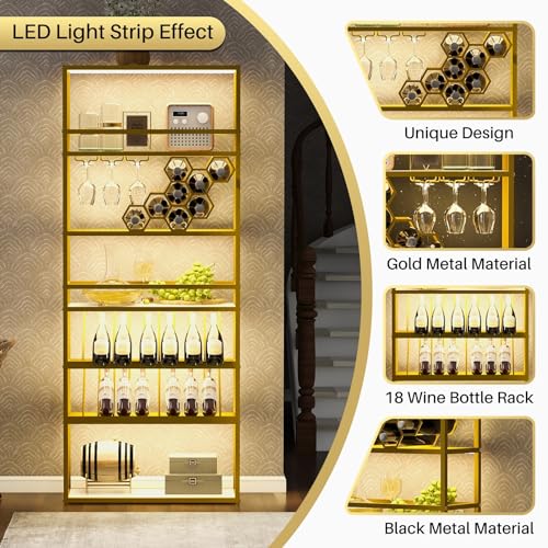 Gold 6 Tier Freestanding Wine Rack with Glass Holder and Storage Shelves X5652