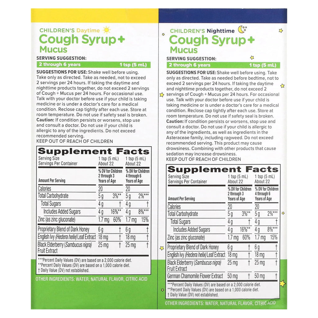 Kids Cough + Mucus Day/Night with Honey, Ivy Leaf, Zinc & Elderberry, Mixed Berry, 2x4FL Oz W302