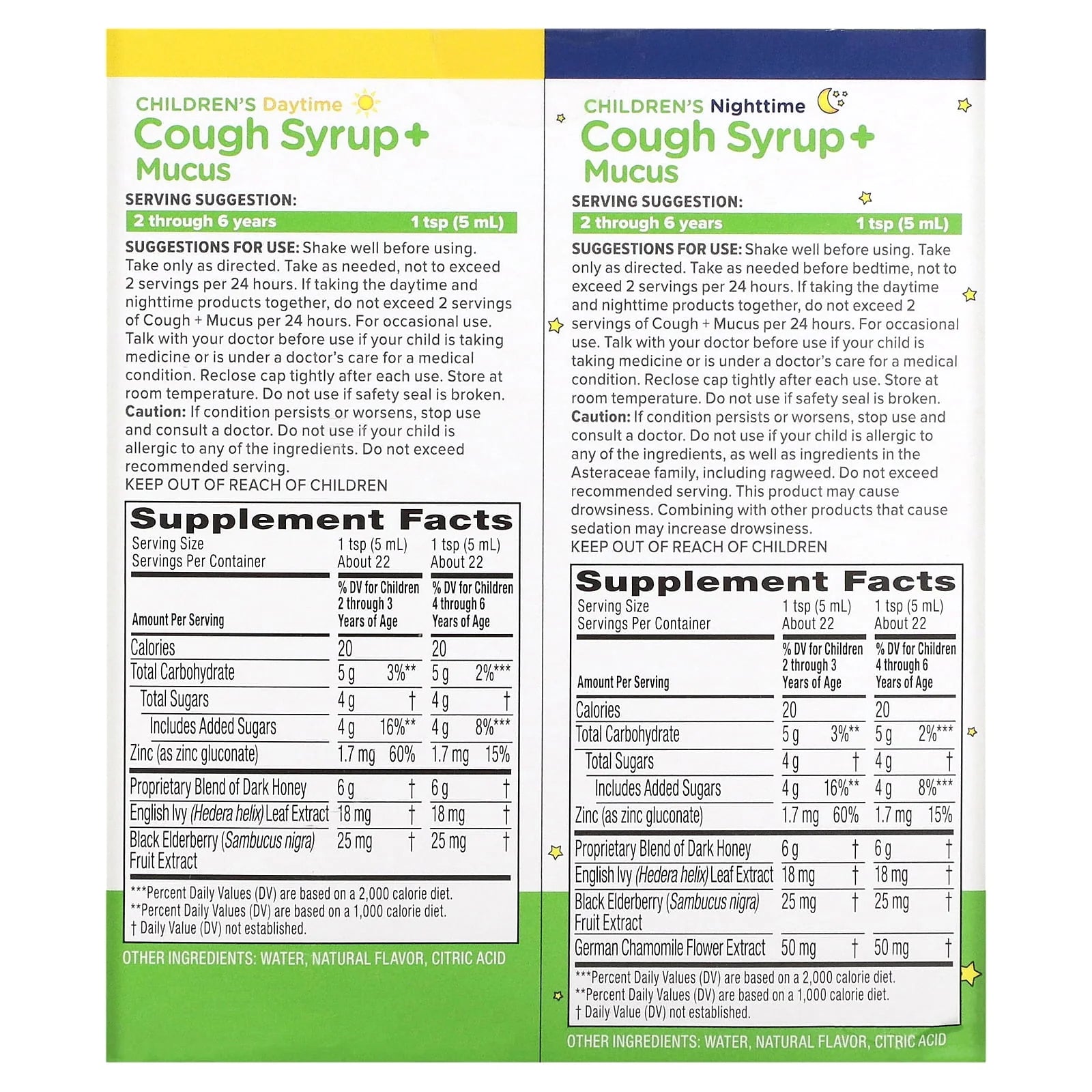 Kids Cough + Mucus Day/Night with Honey, Ivy Leaf, Zinc & Elderberry, Mixed Berry, 2x4FL Oz W302