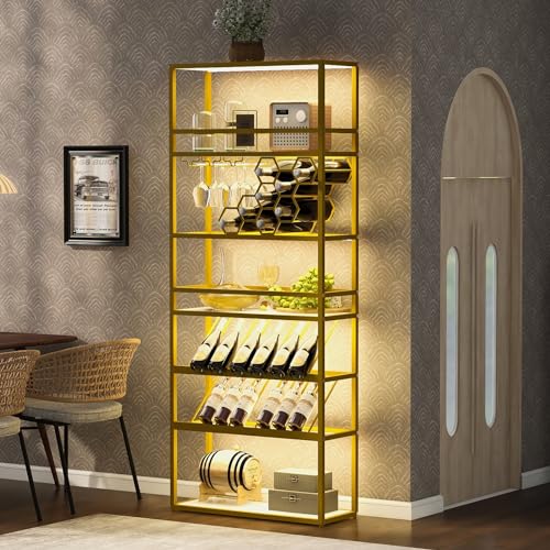 Gold 6 Tier Freestanding Wine Rack with Glass Holder and Storage Shelves X5652