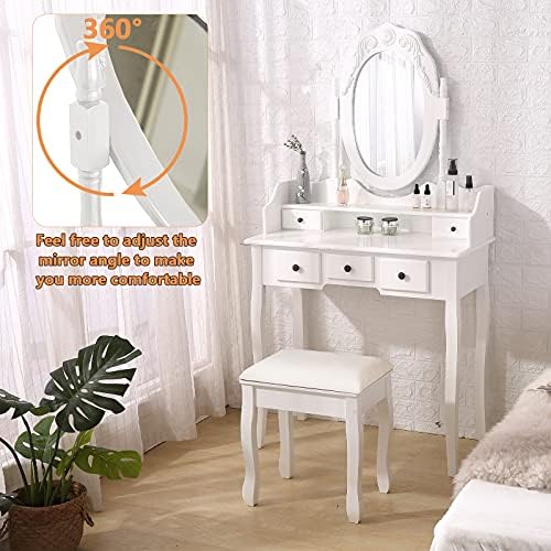 White Vanity Mirror Table Set with Stool H7364