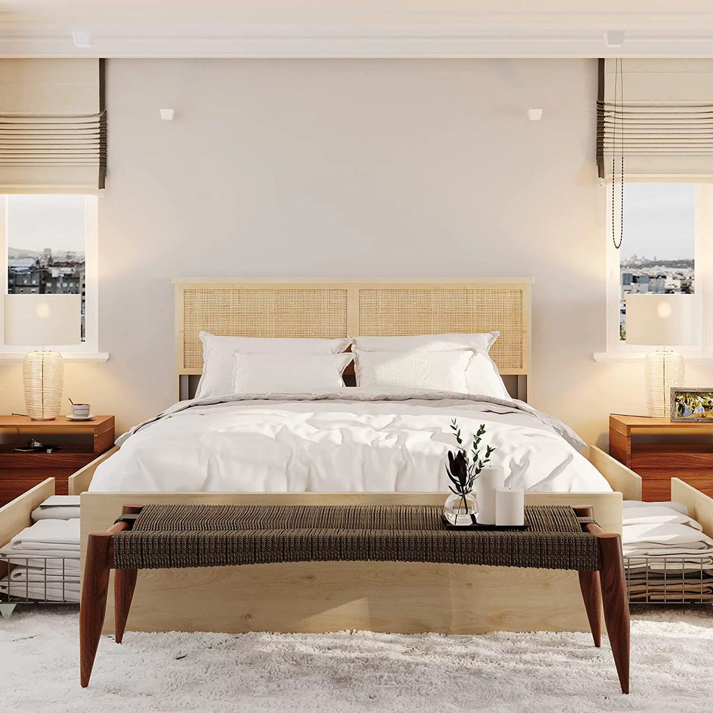 Natural Rattan Queen Bed Frame with Wooden Headboard and 4 Storage Drawers R353431