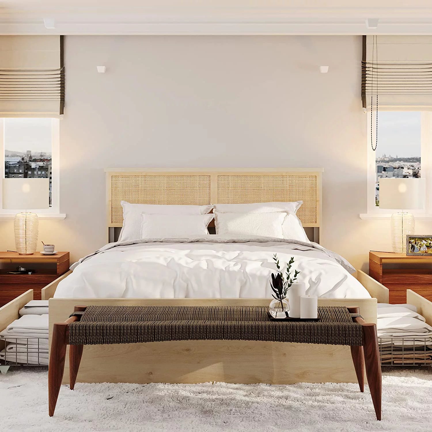 Natural Rattan Queen Bed Frame with Wooden Headboard and 4 Storage Drawers R353431