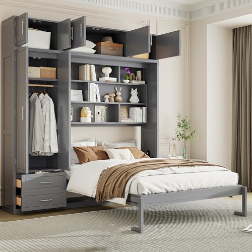 White Queen Size Murphy Bed with Shelves and Wardrobe P38948