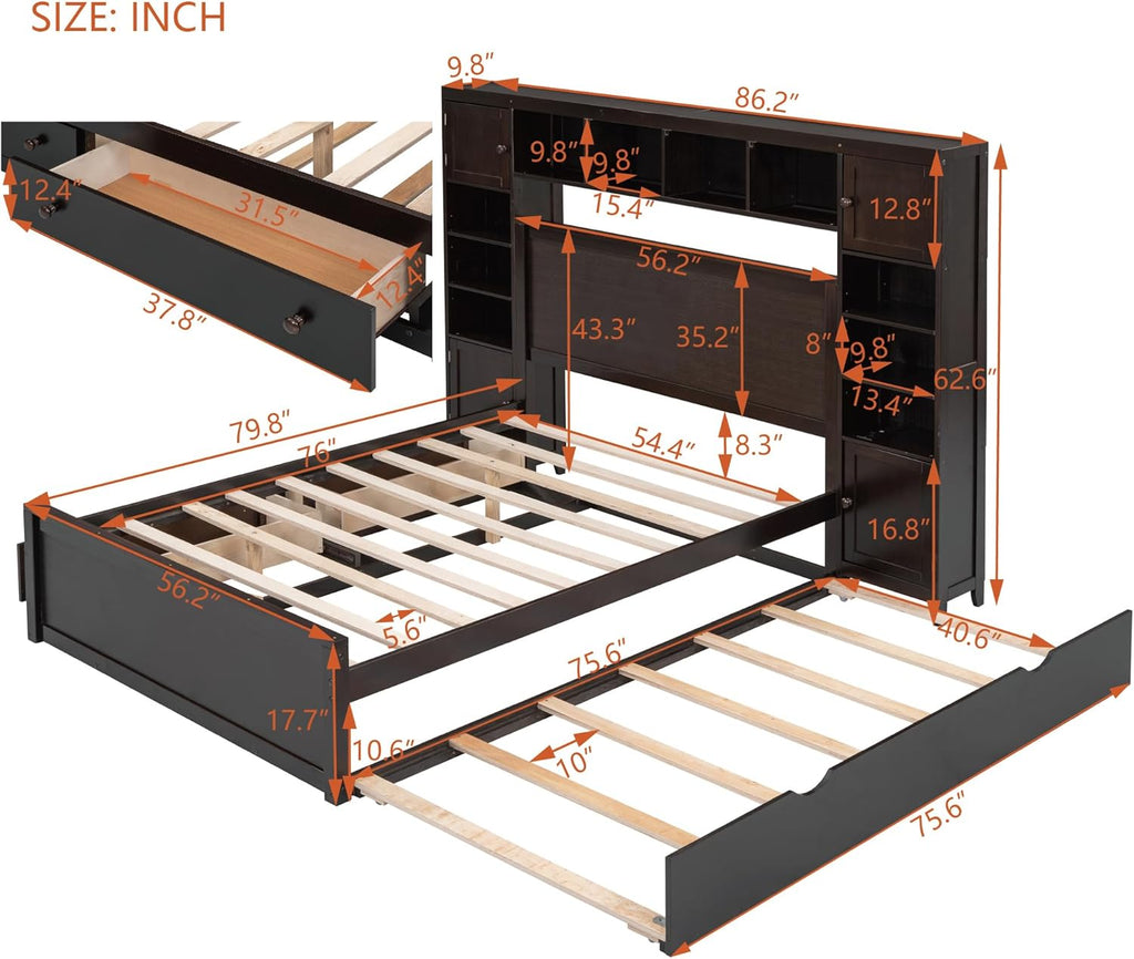Full Size Wood Storage Bed with Bookcase Headboard and Trundle F681