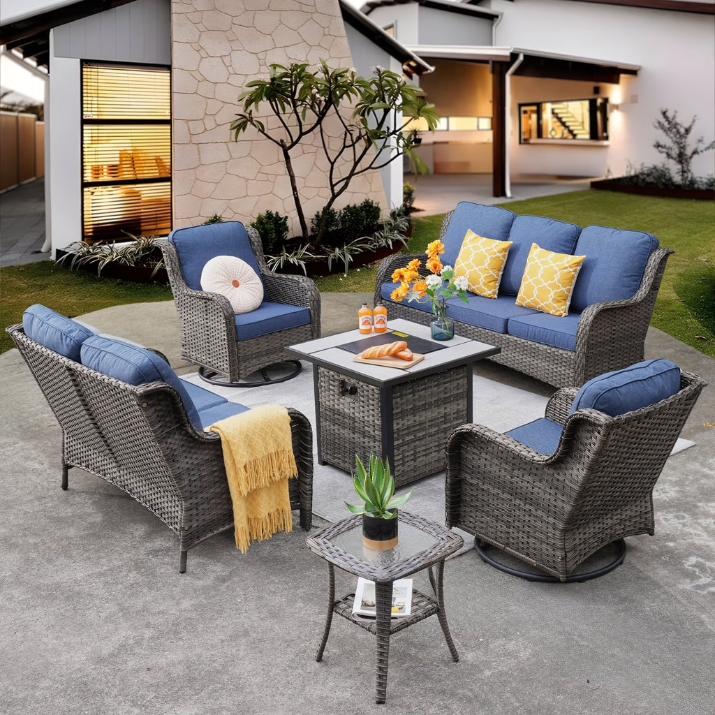 6 Pieces Outdoor Patio Furniture with Fire Pit Table Wicker Patio Sectional Sofa with Swivel Chairs L6486