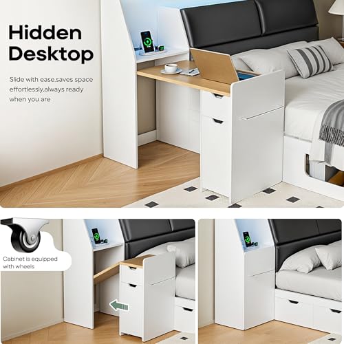Full Platform Bed Frame with Storage Headboard, 4 Drawers, LED Light & Charging Station P719216
