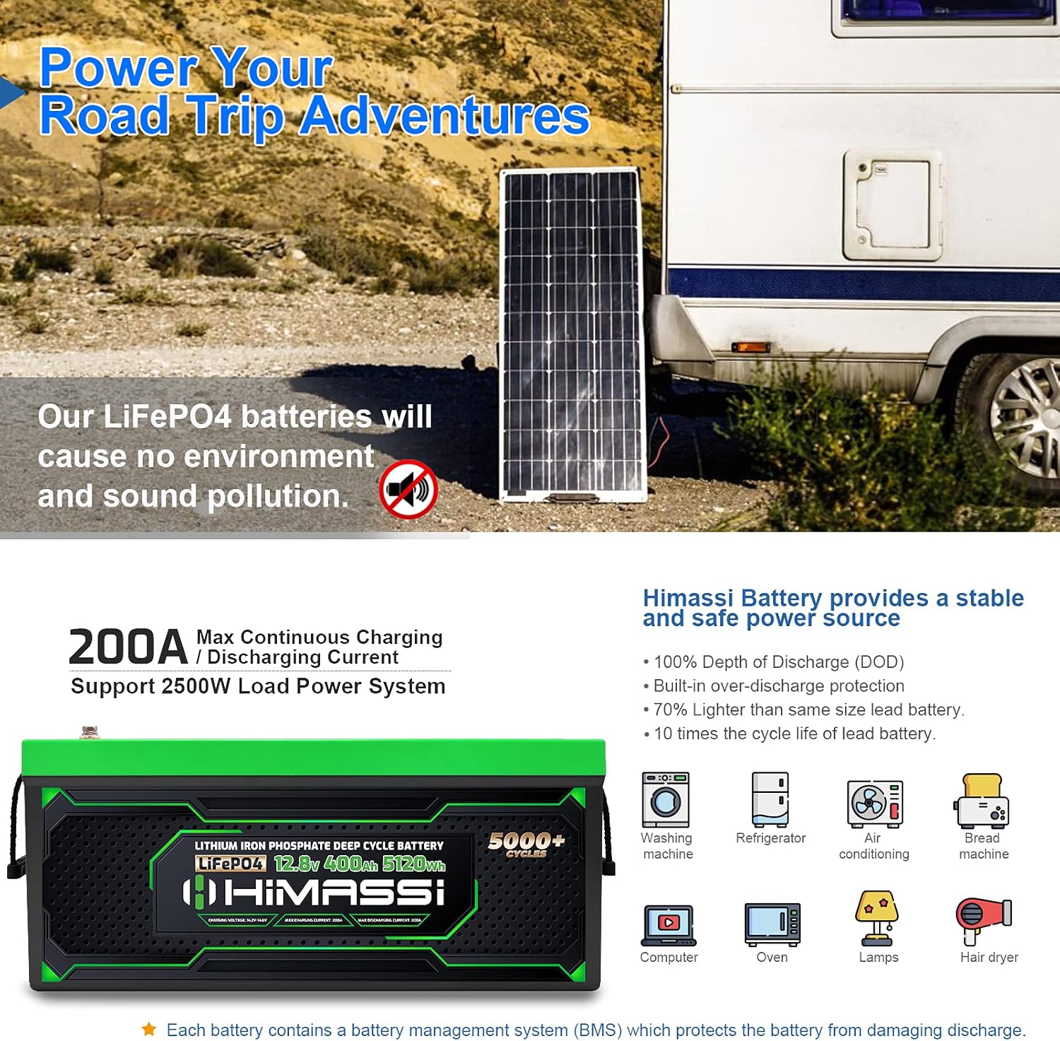 12V 400Ah Lithium Battery with 250A BMS B449001
