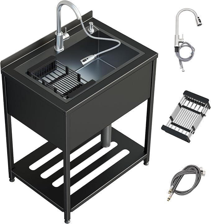 Stainless Steel Utility Sink 36.6" × 24.2" × 36.6" with Cold and Hot Water Faucet and Drain Kit E572