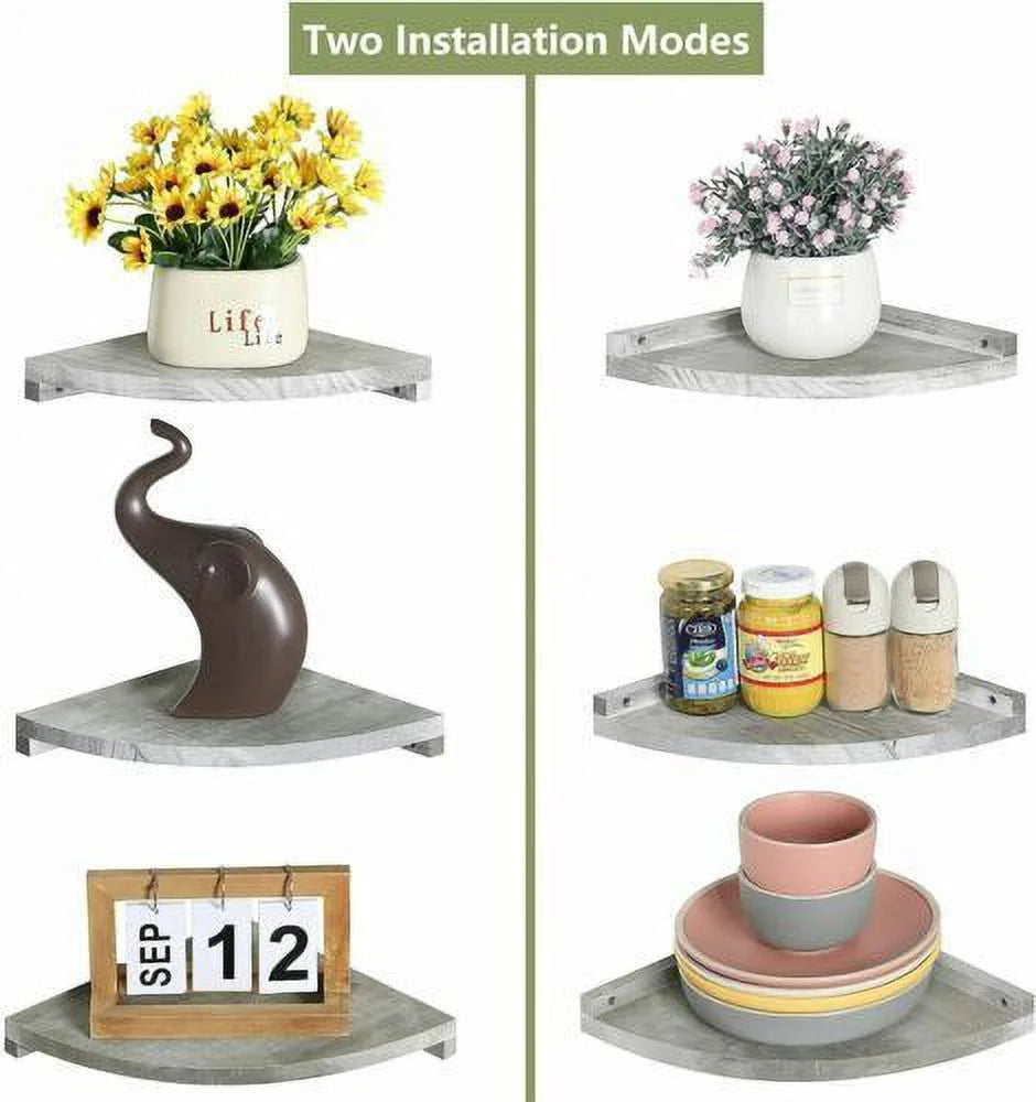 Rustic White Set of 3 Wall Mounted Wood Corner Shelves G889