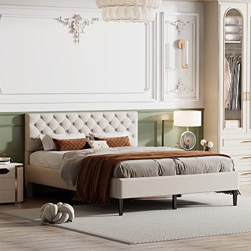 Gray Twin Upholstered Linen Platform Bed with Adjustable Headboard W502