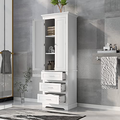 White 2 Door Tall Bathroom Storage Cabinet with 3 Drawers and Adjustable Shelves T5371