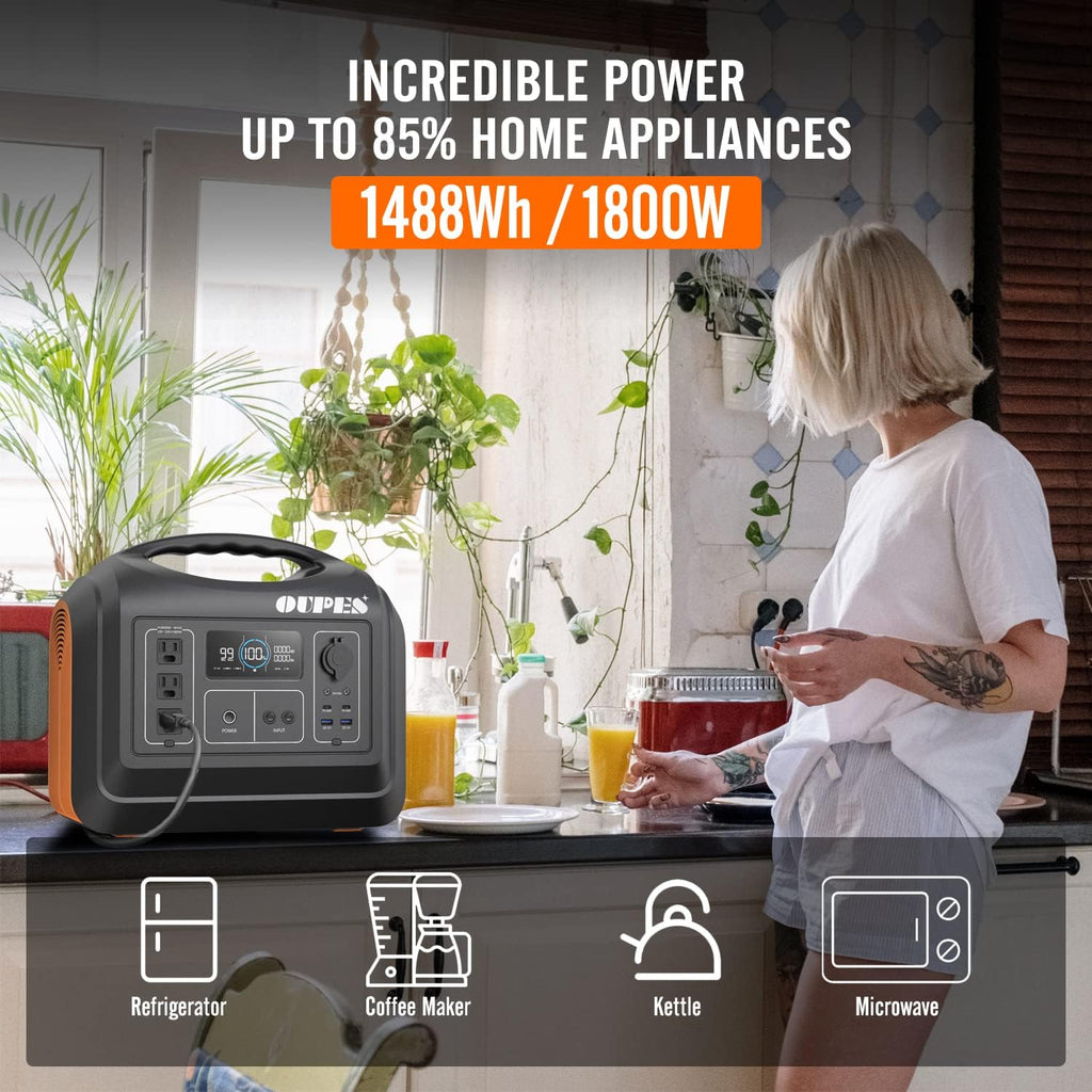 1800W Solar Generator 1488Wh LiFePO4 Battery Backup with 3x120V Pure Sine Wave AC Outlets E35395
