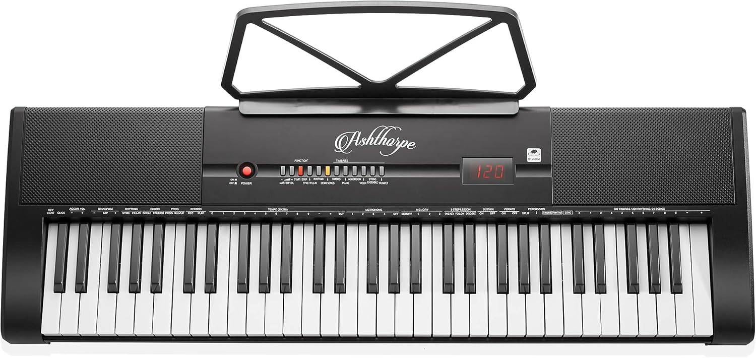 61-Key Digital Electronic Keyboard Piano with Light Up Keys, Stand, Bench, Headphones, Mic and Keynote Stickers K612196