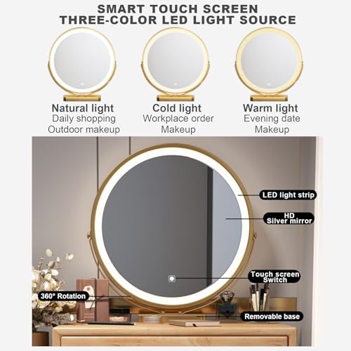 Wooden Vanity Desk with Mirror and Lights and Drawers with Cushioned Stool R27633