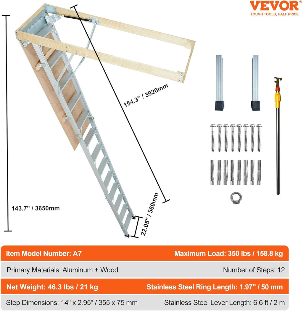 Attic Ladder, 350-pound Capacity, 22.5" x 63", Aluminium Extension M64508