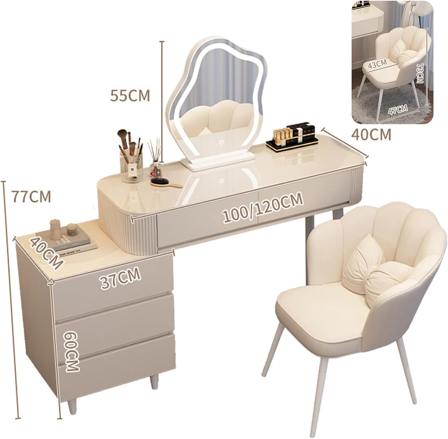 Makeup Vanity Table with Lighted Mirror, 3 Lighting Modes Adjustable, Large Capacity Dressing Table L5902