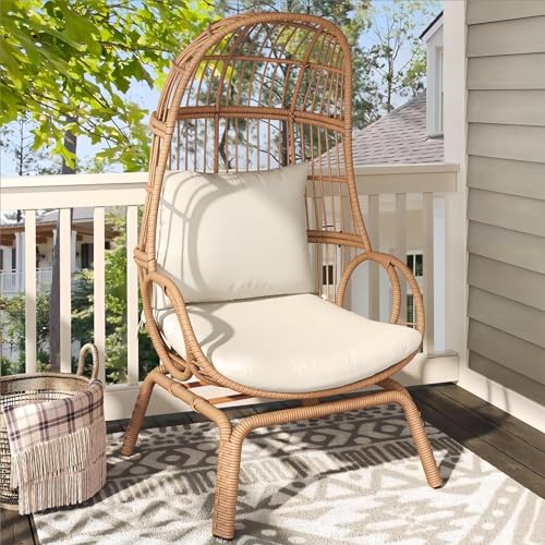 Beige Wicker Egg Chair with Stand & Cushion M137