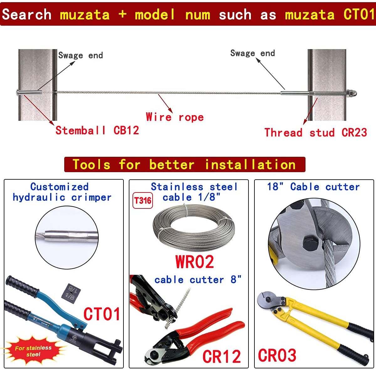 40Pack 1/8 Stemball Swage Dead End Invisible Cable Railing Kit Hardware Terminal Round Head T316 Stainless Steel D838450