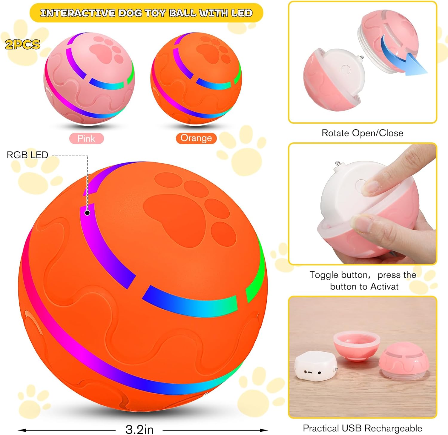 2 Pcs Interactive Dog Toys Peppy Pet Ball Moving Automatic Rolling Ball with LED Flashlight USB Rechargeable (Orange, Pink) K6407