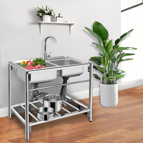 Stainless Steel Double Bowl Free Standing Utility Sink 31.5" x 16.9" x 29.5" A3040