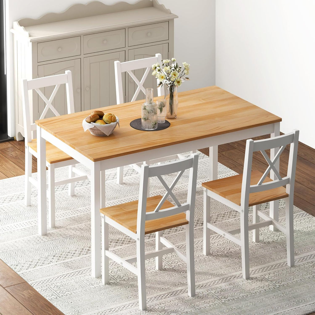 5 Piece Pine Wood Dining Table Set with 4 Chairs N772
