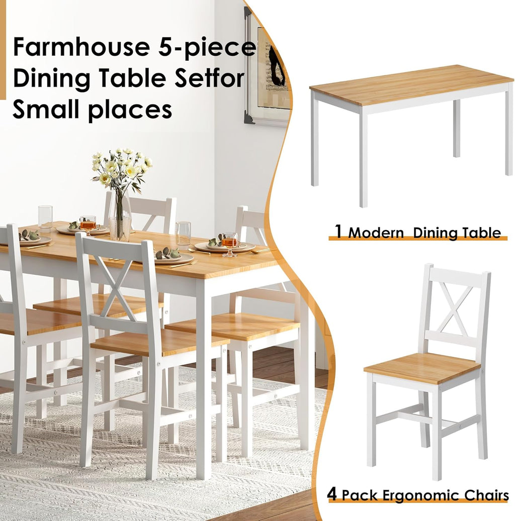 5 Piece Pine Wood Dining Table Set with 4 Chairs N772