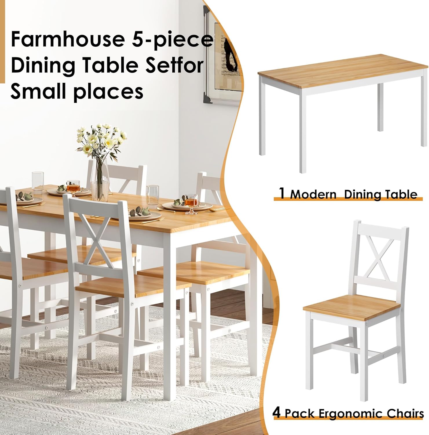 5 Piece Pine Wood Dining Table Set with 4 Chairs N772