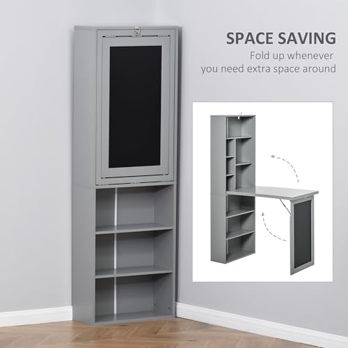 Grey Wall Mount Desk Cabinet with Blackboard and Side Shelf M8497