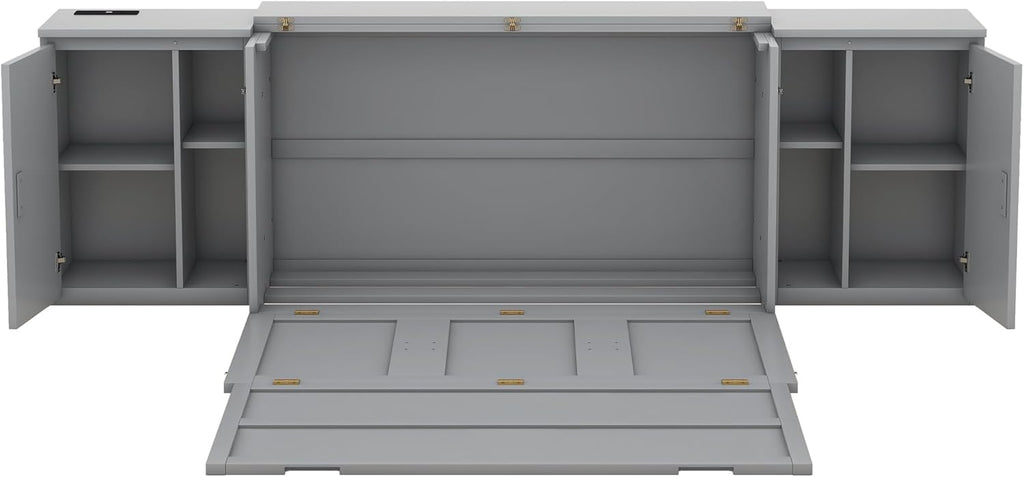 Queen Size Murphy Bed with Shelves, Cabinets and USB Ports, Gray Q16087