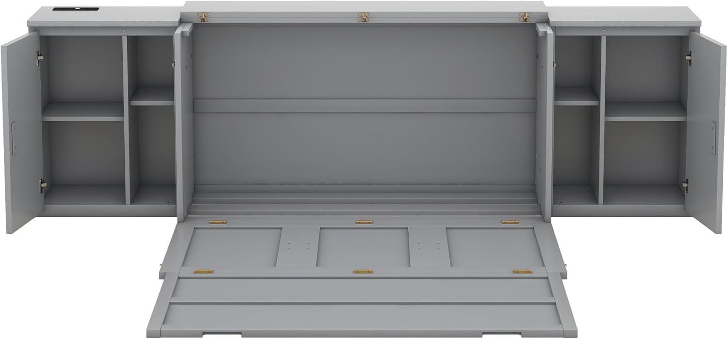 Queen Size Murphy Bed with Shelves, Cabinets and USB Ports, Gray Q16087