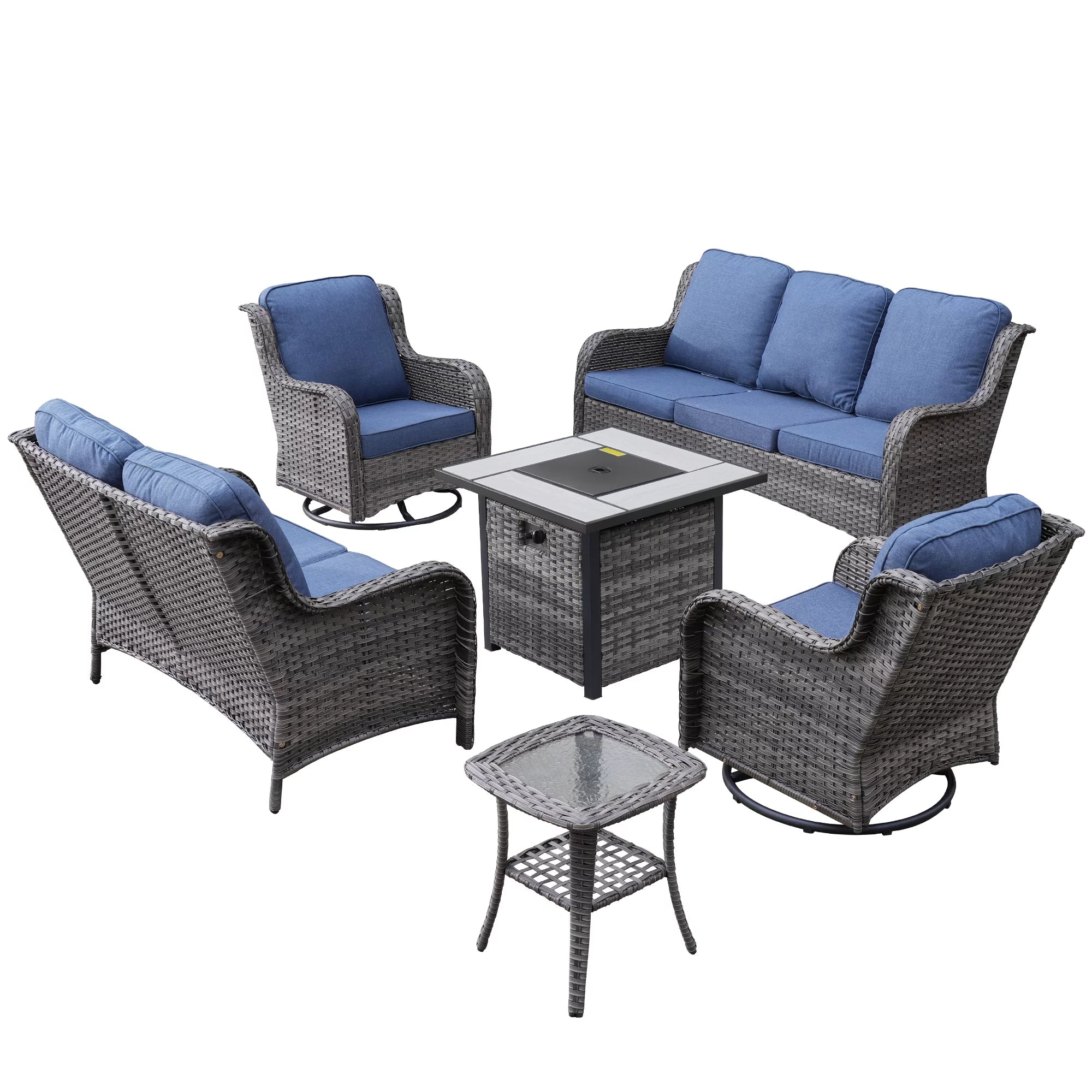 6 Pieces Outdoor Patio Furniture with Fire Pit Table Wicker Patio Sectional Sofa with Swivel Chairs L6486