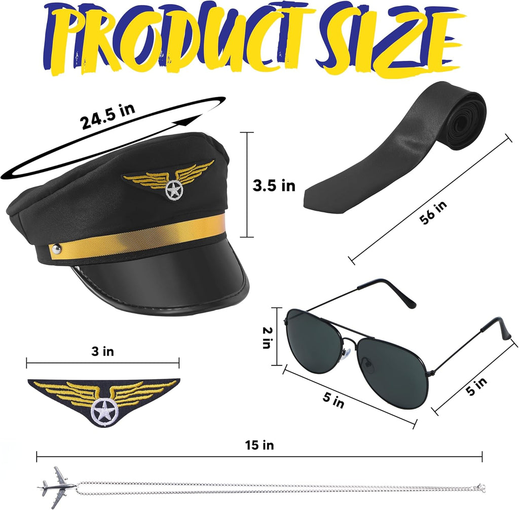 5 PCS Pilot Costume Kit with Sunglasses, Tie, Hat, Wings Patch and Necklace I308749
