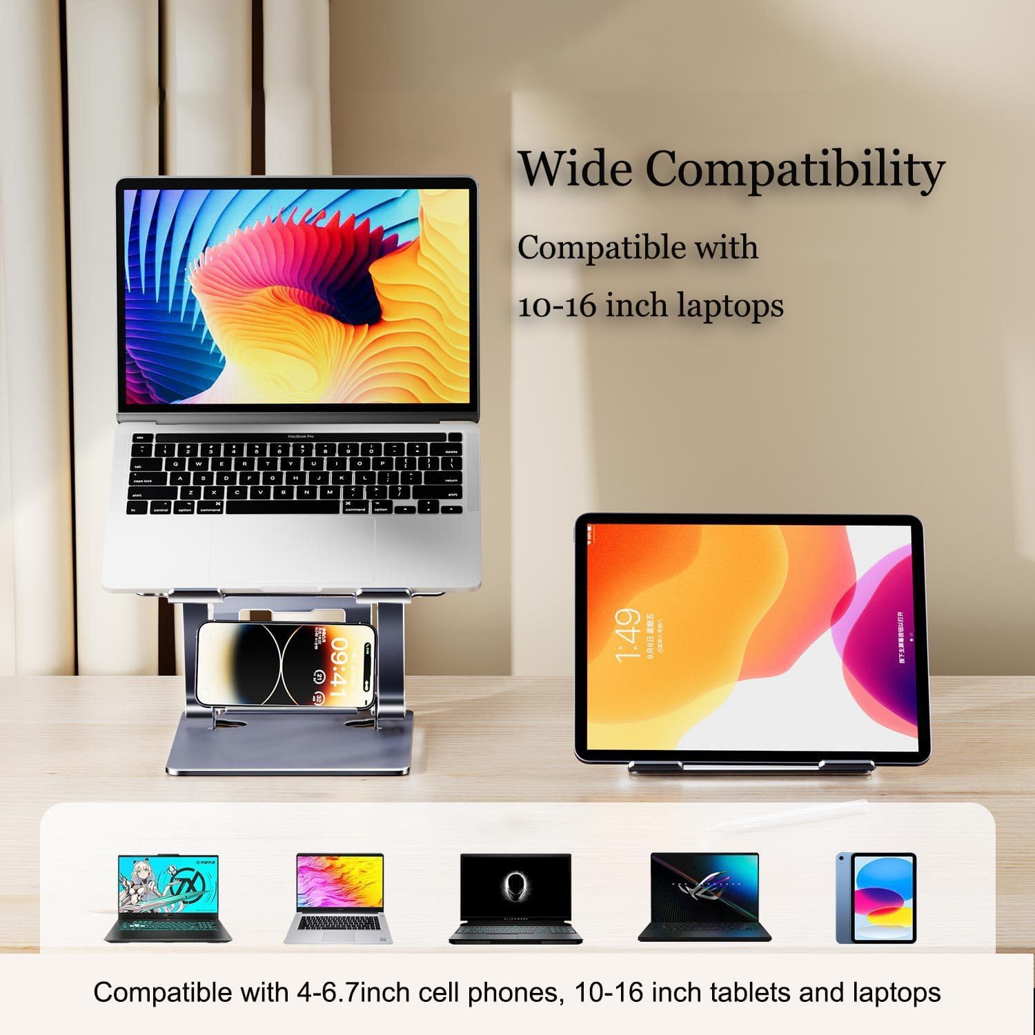 Adjustable Height Laptop Stand with Phone Holder, Foldable Laptop Riser A186