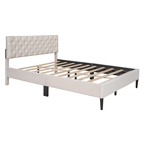 Gray Twin Upholstered Linen Platform Bed with Adjustable Headboard W502