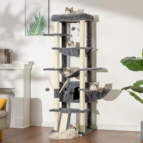 68.1-inch Tall Cat Tree with Sisal-Covered Scratching Posts, Smoky Gray T5598